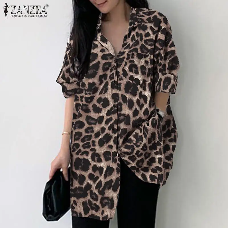 ZANZEA-Blusa informal con estampado de leopardo para mujer, camisa Vintage de manga larga con solapa, Túnica de gran tamaño para fiesta y vacaciones