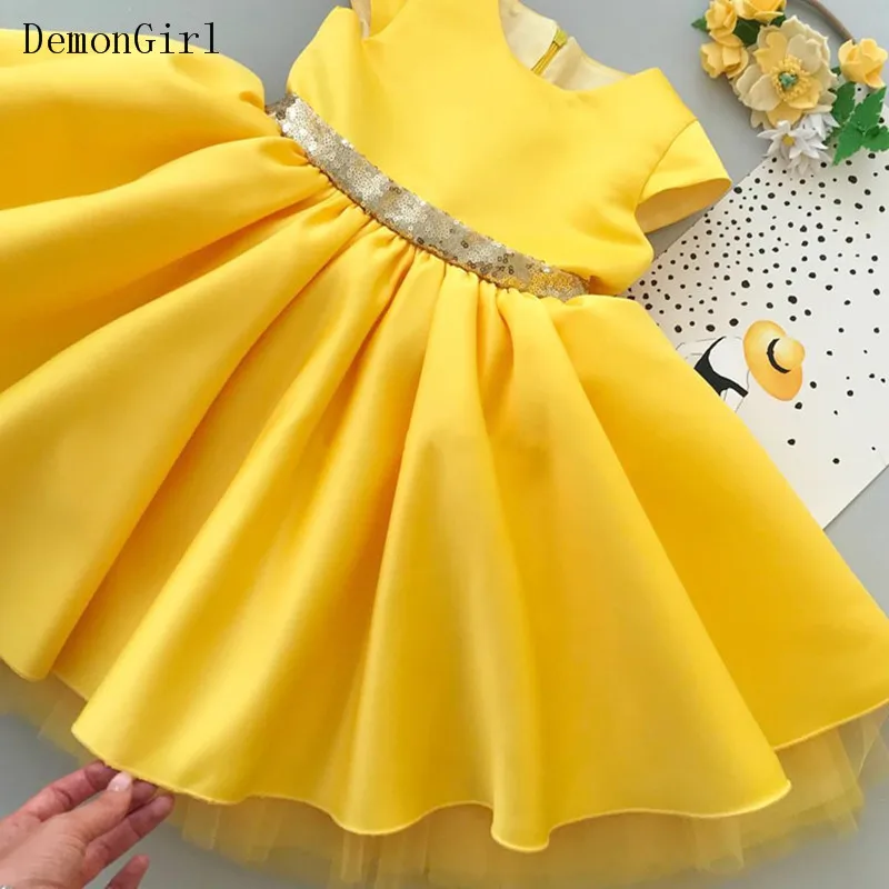 Vestido De Baile De Cetim Amarelo Para Meninas Infantis, Vestidos De Festa, Bebê Menina, Batismo, Concurso, Primeiro Aniversário, Tamanho 1-14Y