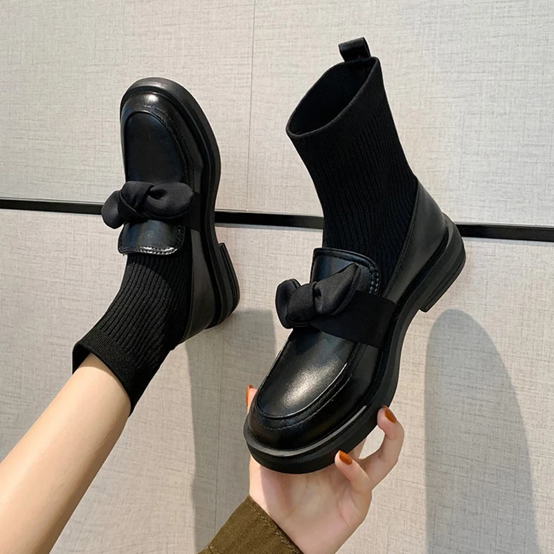 

Women Elastic Thin Short Boots Black Bowknot Martin Boots Single Women Show Feet Small Leather Shoes Spring And Autumn Socks