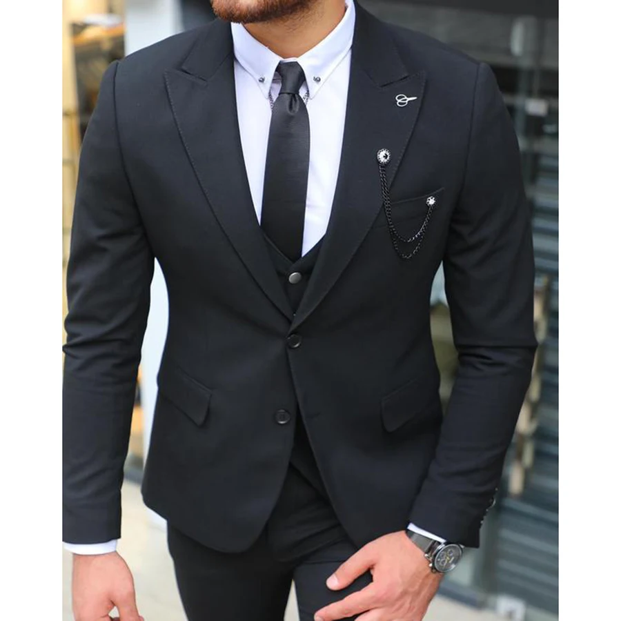 Terno Masculino New 3 Pieces 블랙 2 버튼 남성 정장 2021 Slim Fit Tailor Made 신랑 착용 웨딩 비즈니스 Tuxedos Blazer