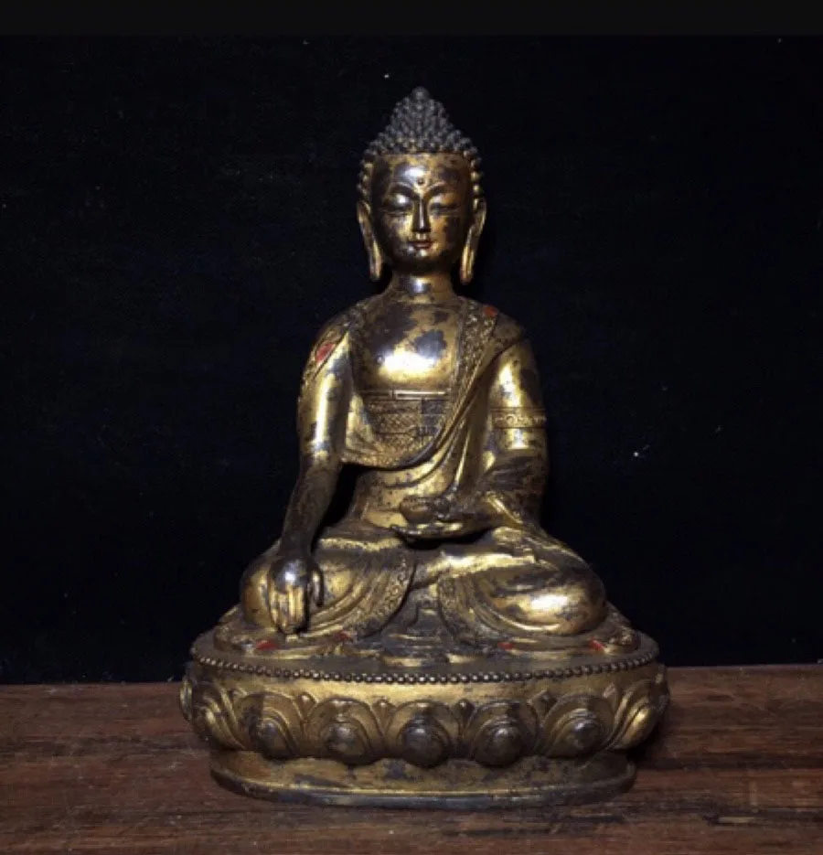 

10"Tibetan Temple Collection Old Bronze Cinnabar Lacquer Shakyamuni Buddha Statue Ornaments Town House Exorcism