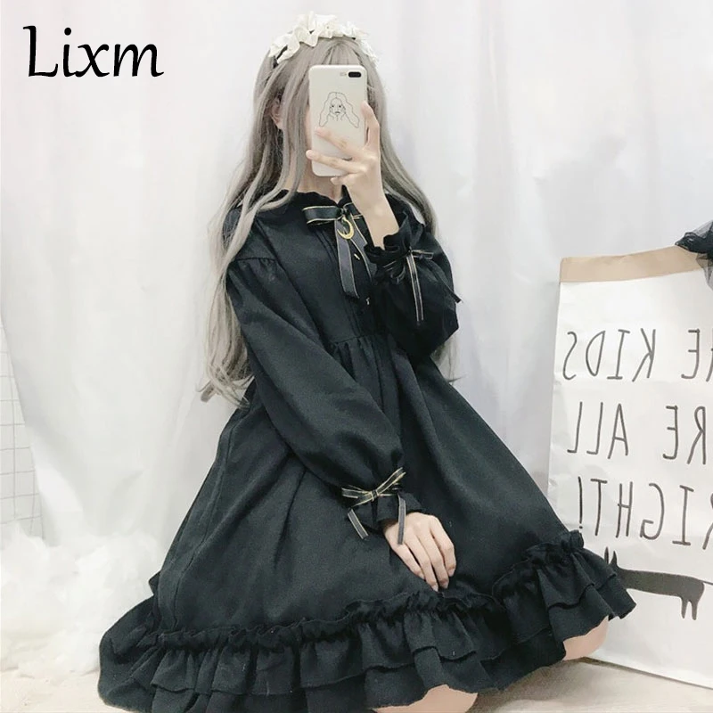 LIXM Lolita Dress Long Sleeved Short Sleeved Style Retro Dark Cute Bow Golden Moon Lolita Skirt Ruffled Cute Halloween Dress Set