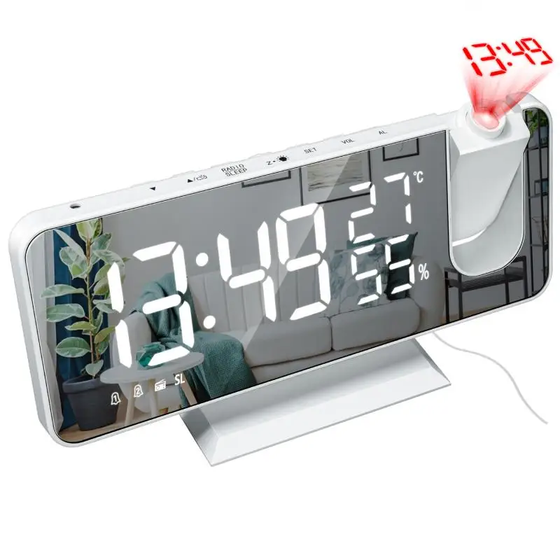 2020! LED Digital Alarm Clock Radio Projection With Temperature And Humidity Mirror Clock Multifunctional Bedside Time Display