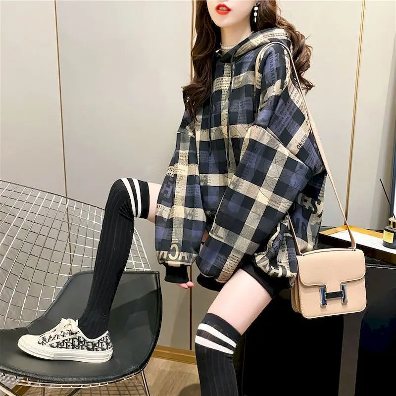 Loose All-match Hoodies Women Plaid Korean Mid-length Hooded Jacket 2024 Autumn Winter New Plus Velvet Thickened Students Hoodie