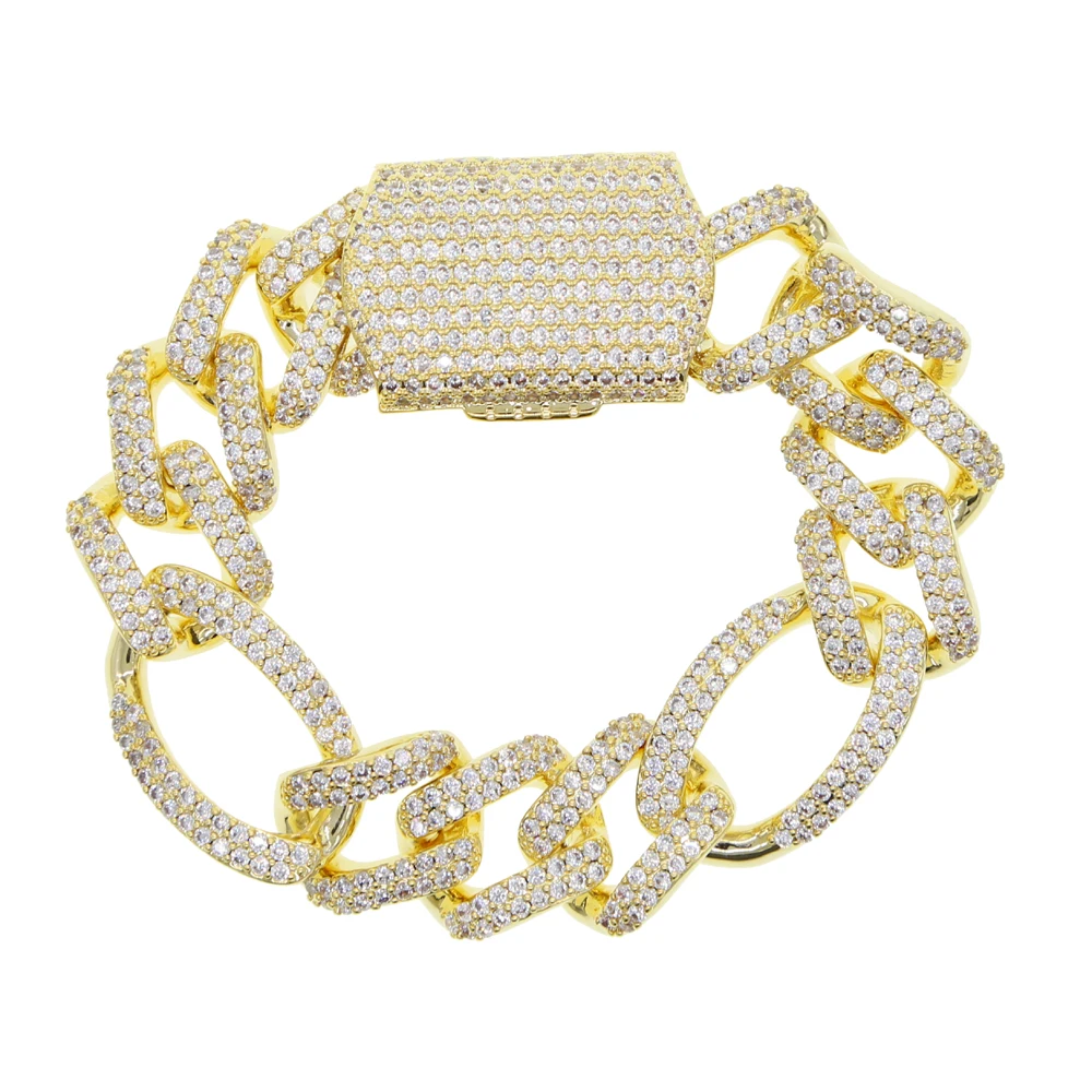 New 19mm Iced Out Prong Miami Cuban China CZ Cubic Zirconia Figaro Chain Men Hip Hop Jewelry