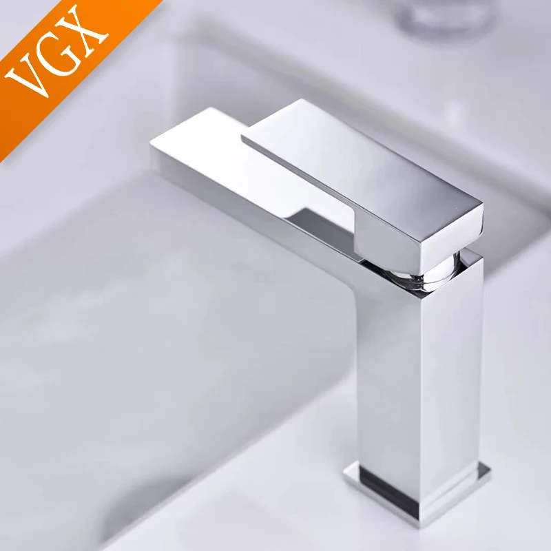 VGX Bathroom Basin Mixer Sink Faucet Gourmet Washbasin Taps Hot Cold Water Faucet Square Tapware For Bathroom Brass Chrome Black