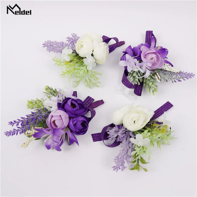 Meldel Boutonniere-ramillete de muñeca para novia, pulsera de boda para novio, flor Artificial, blanco y morado