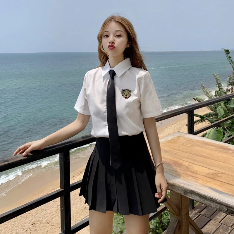 Japanese JK Uniform Two-Piece Women's Summer Lapel Short-Sleeved Student White Shirt + High Waist Slim Pleated A- line Skirt