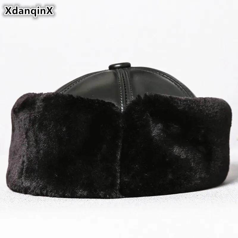 XdanqinX Genuine Leather Cap Men Warm Bomber Hats Winter Thicker Velvet Earmuffs Caps Men\'s Sheepskin Leather Ski Cap Dad\'s Hat