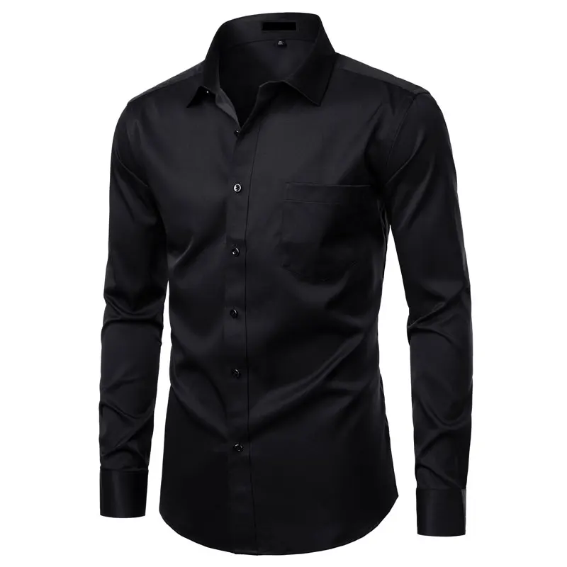 Hitam Serat Bambu Kemeja Pria Kasual Slim Fit Mens Kemeja Warna Solid Elastis Button Sosial Pria Kemeja dengan saku 4XL