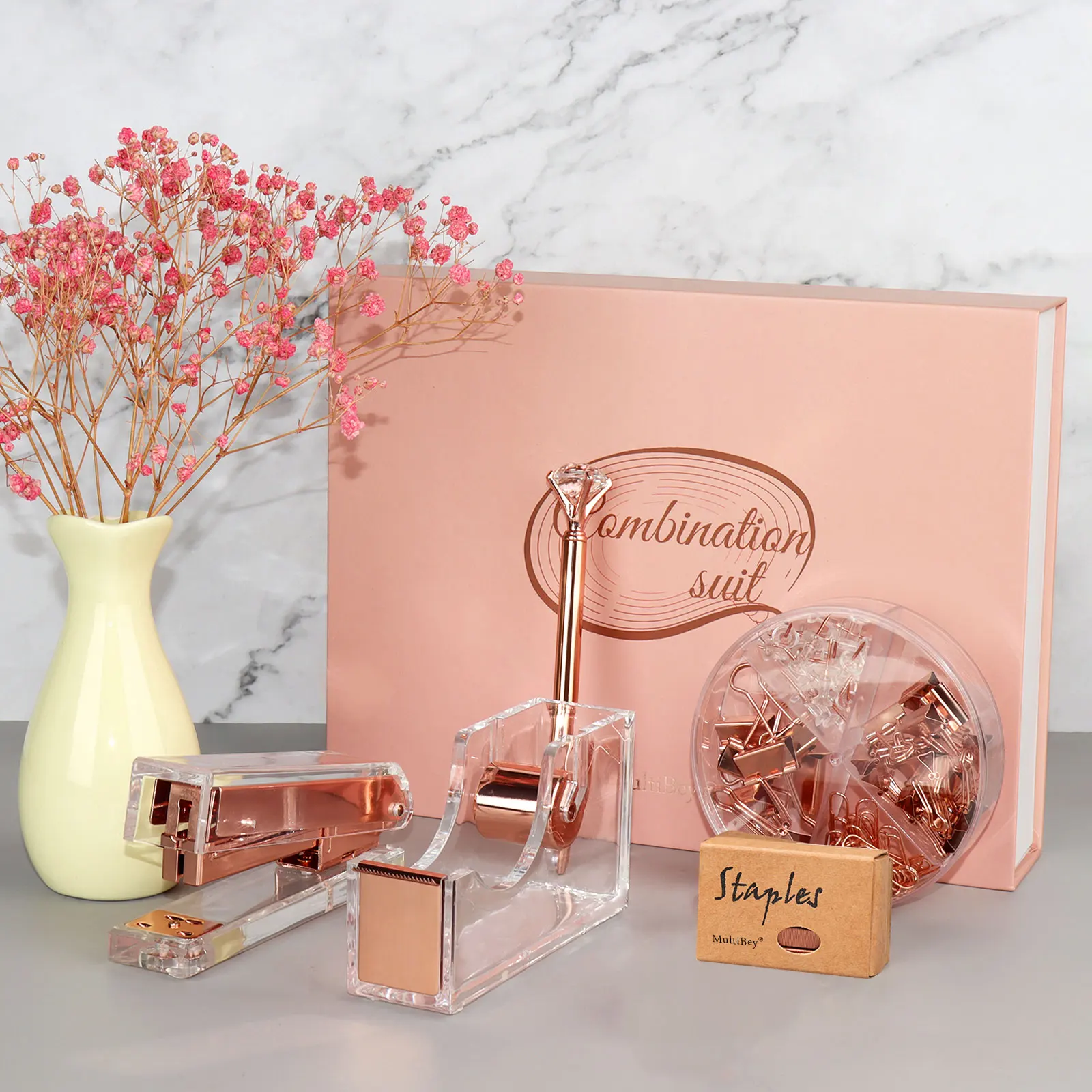 Desktop Office Supplies Set Rose Gold Acrylic Office Stationery Desk Organizer Accessories For Woman