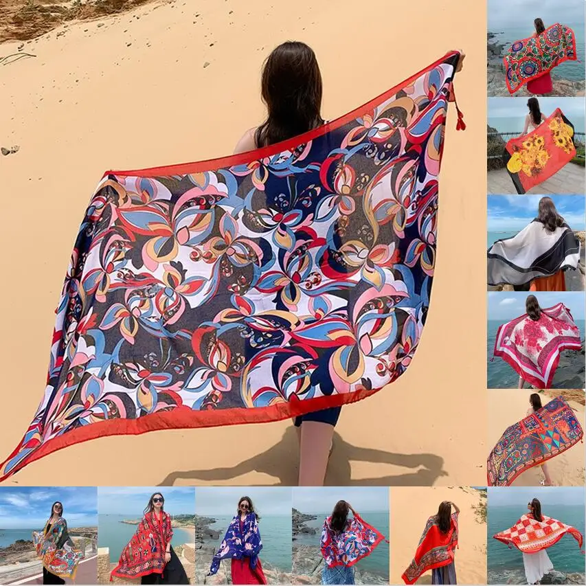 

Desert Sun Protection Cotton Linen Beach Dress Bikini Sarong Wrap Scarf Women Brazilian Swimsuit Bathing Oversized Cover Up Veil