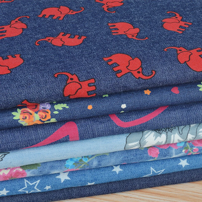 Summer Thin Non Elastic Blended Printed Denim Fabric for Quilting Sewing Clothes Skirt per Half Meter