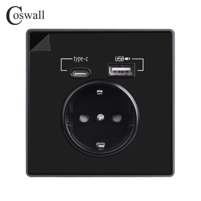 Coswall Type-C Interface Outlet, Wall PC / Crystal Panel EU Russia Spain French Standard Socket With USB Charge Port White Black