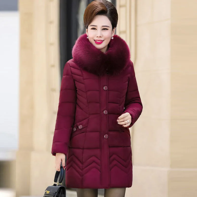 

New Middle-aged Winter Jacket Femme Hooded Down Cotton Coat Mom Thicken Warm Jacket Cotton Padded Wadded Parkas L-4XL A415