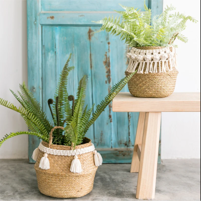 Cestas De Mimbre Decorativas Rattan Basket Bohemian Tassel Wicker Basket Garden with Macrame Tassel Home Organizer Panier Osier