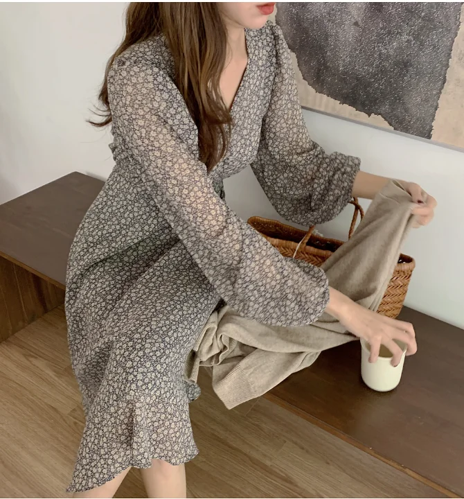 S-XL New New Spring Dress Girls Boho Chiffon Female Vintage Dress Party oversize long Sleeve Women Dresses Robe Vestido