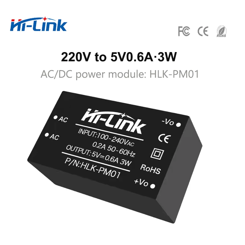 Hi-Link Free Shipping 10pcs/lot HLK-PM01 220V to 5V 3W 600mA Step Down Isolated Switching Power Supply Module AC DC Converter