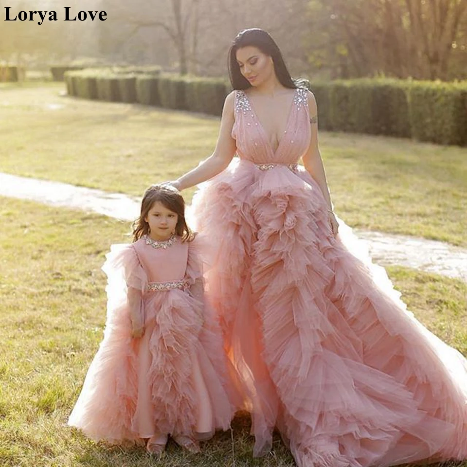 Pink tiered Princess Prom Dresses 2022 Mother And Daughter Tulle Formal Party Evening Gowns For Wedding Elegant Vestido Fiesta