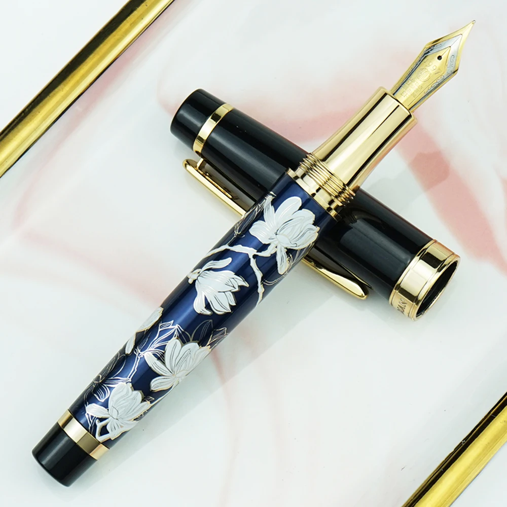 

HongDian 1837 Metal Fountain Blue Flowers Hand-Drawing Chinese Style Iridium EF/F/Bent Nib Ink Pen Business Office Writing Gift