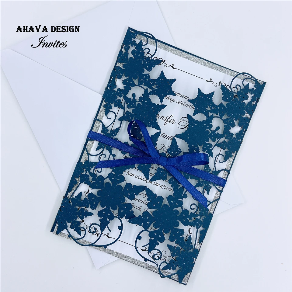 Gorgeous Navy Snowflake Floral Laser Cut Customized Invitation For Wedding {Free Infinite Design Before Pay}