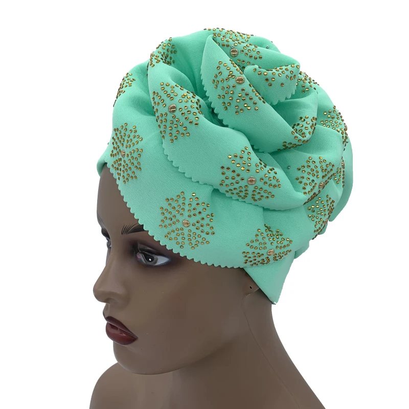 큰 꽃 Turban 모자 여성용 다이아몬드 Headscarf Bonnets 이슬람 머리 랩 여성 파티 모자를 쓰고 있죠 아프리카 Headtie