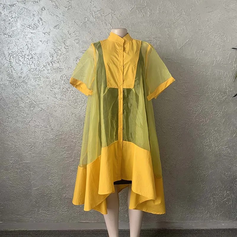 Donna Casual 2/3 manica solido vestito irregolare 2024 primavera estate due pezzi verde giallo Midi maglia pura Organza abiti camicia