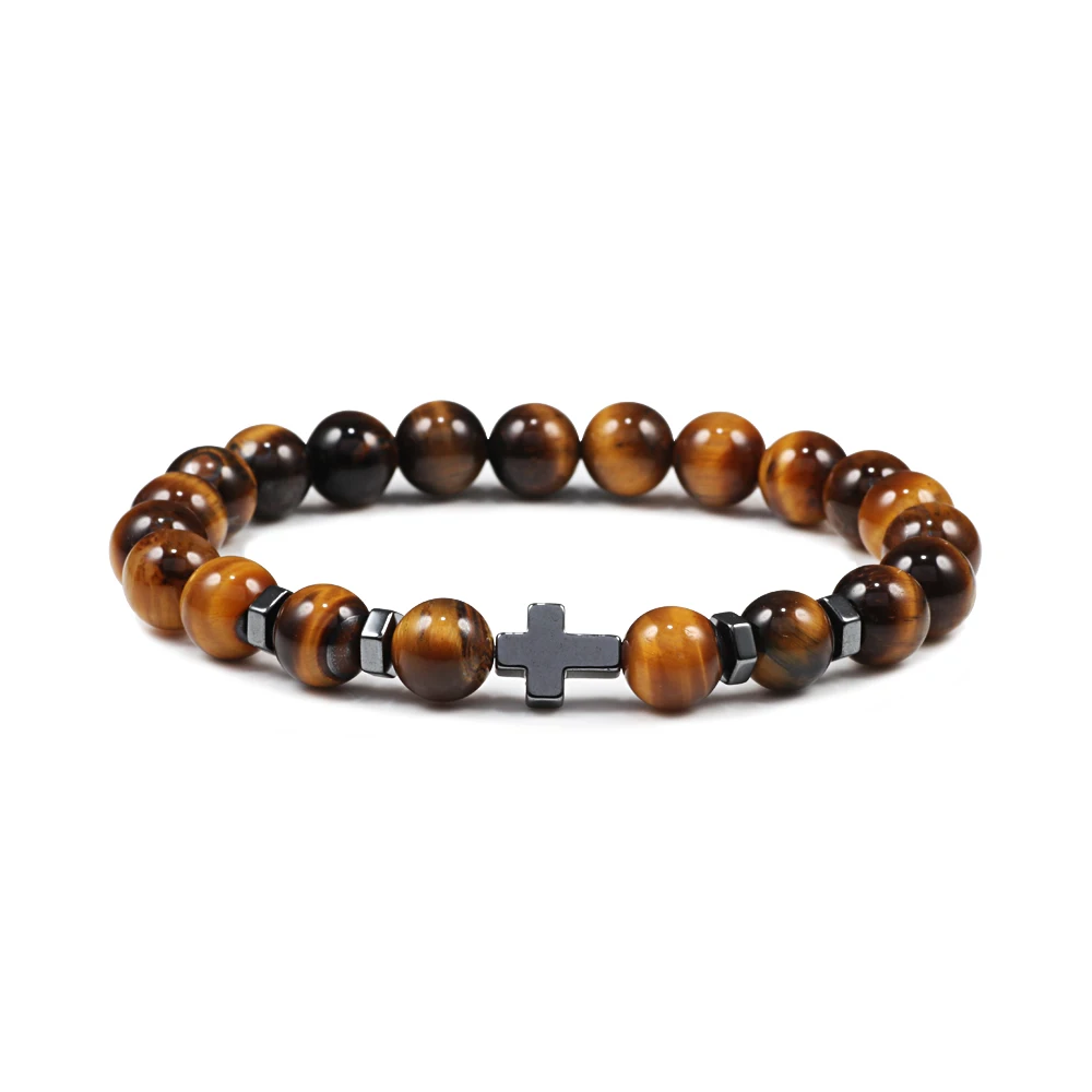 Pulsera de cuentas de piedra de Lava Natural para hombre y mujer, brazalete con cuentas de Cruz de hematita, meditación, oración, Jesús, joyería de Yoga, envío directo