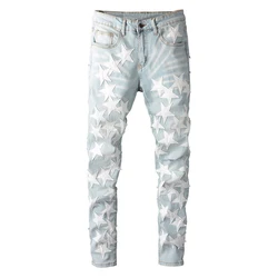 Men's Leather Stars Patches Design Jeans Streetwear Patchwork Ripped Stretch Denim Pants Slim Skinny Pencil Trousers