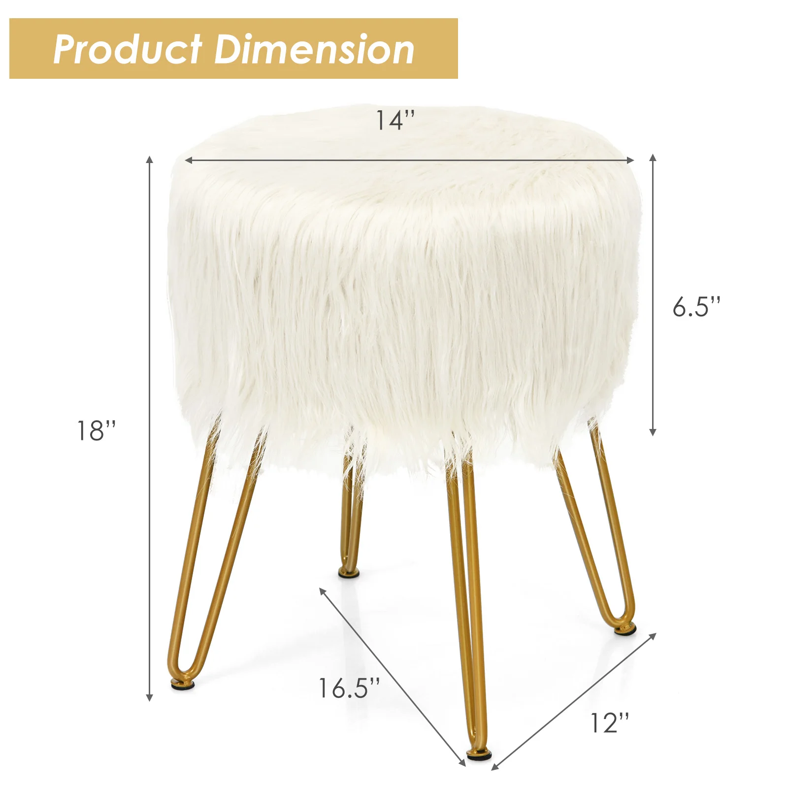 Faux Fur Vanity Chair Makeup Stool Furry Padded Seat Round Ottoman