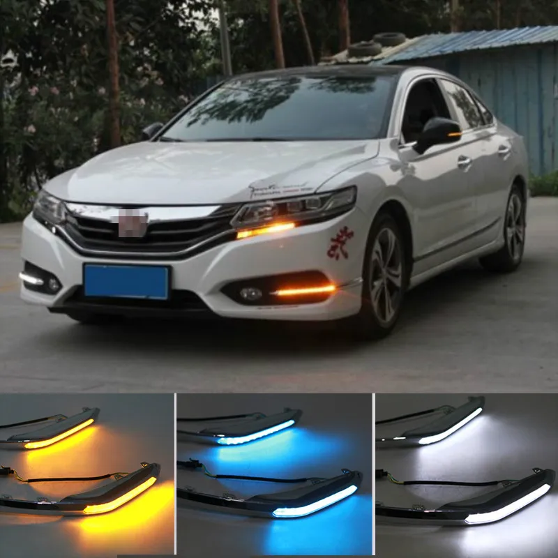 2pcs For Honda Spirior Europe Accord 2015-2017 Front LED DRL Daytime Running Driving Light Fog Lamp With Yellow turn light