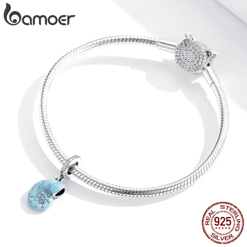 bamoer Silver Cute Blue Conch Pendant Charm fit Original Bracelet for Women 925 Sterling Silver Jewelry Making SCC1560