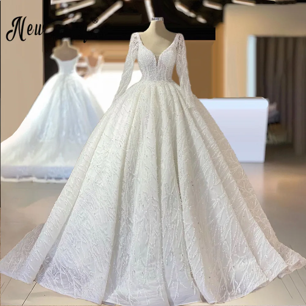 Muslim Luxury Plus Size Beaded Wedding Dress Sparkly Crystals Ball Gown Arabic Bridal Dresses for Women 2023 Custom Made A Line