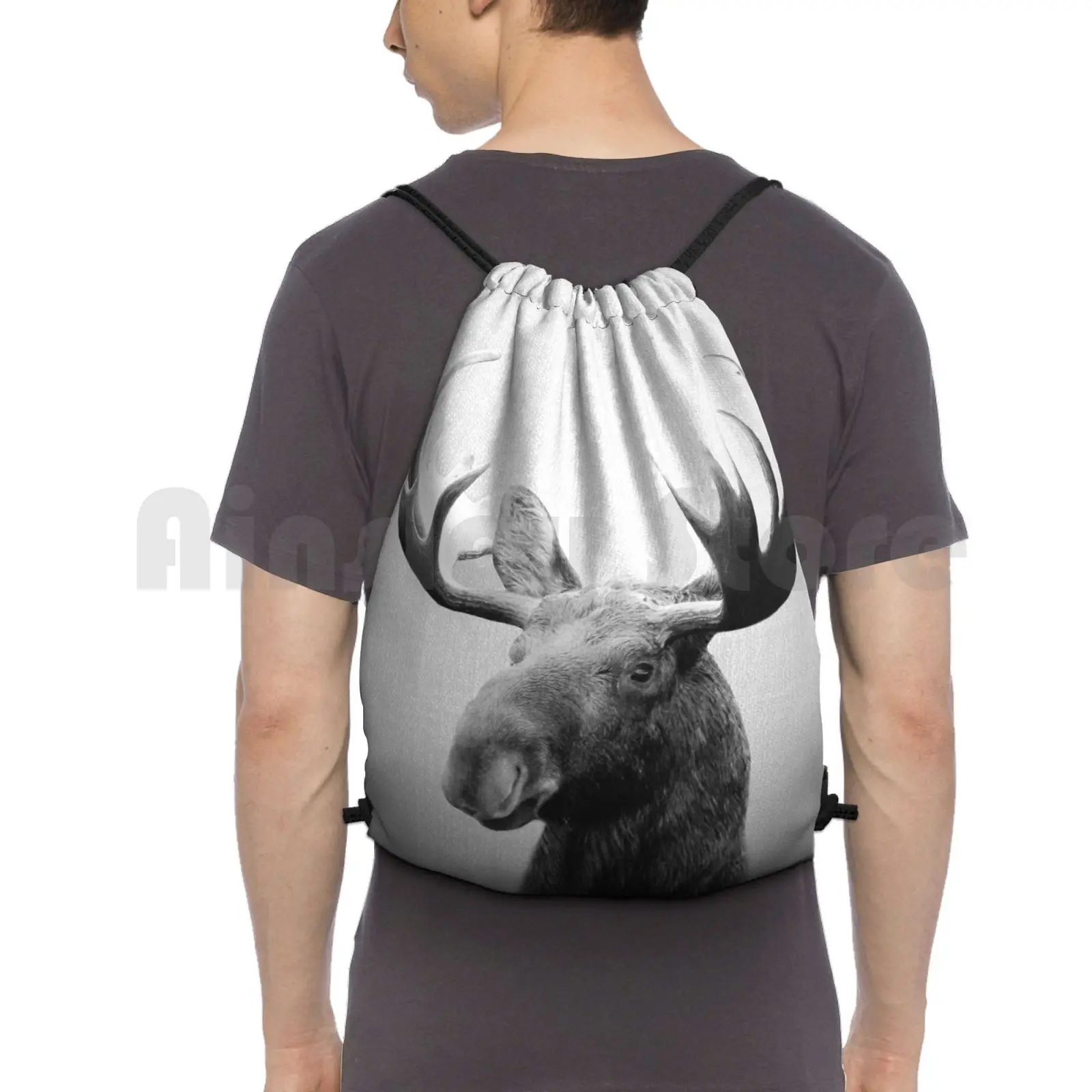 

Moose-Black & White Backpack Drawstring Bags Gym Bag Waterproof Animal Animals Peekaboo Wild Wildlife Nursery Modern