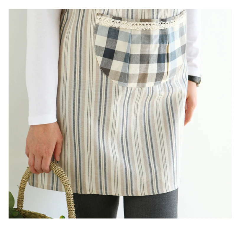 Linen Cotton Apron Cute Plaid Stripe Kitchen Cooking Suspenders Aprons Japanese Housework Baking Florist overalls Uniform Apron