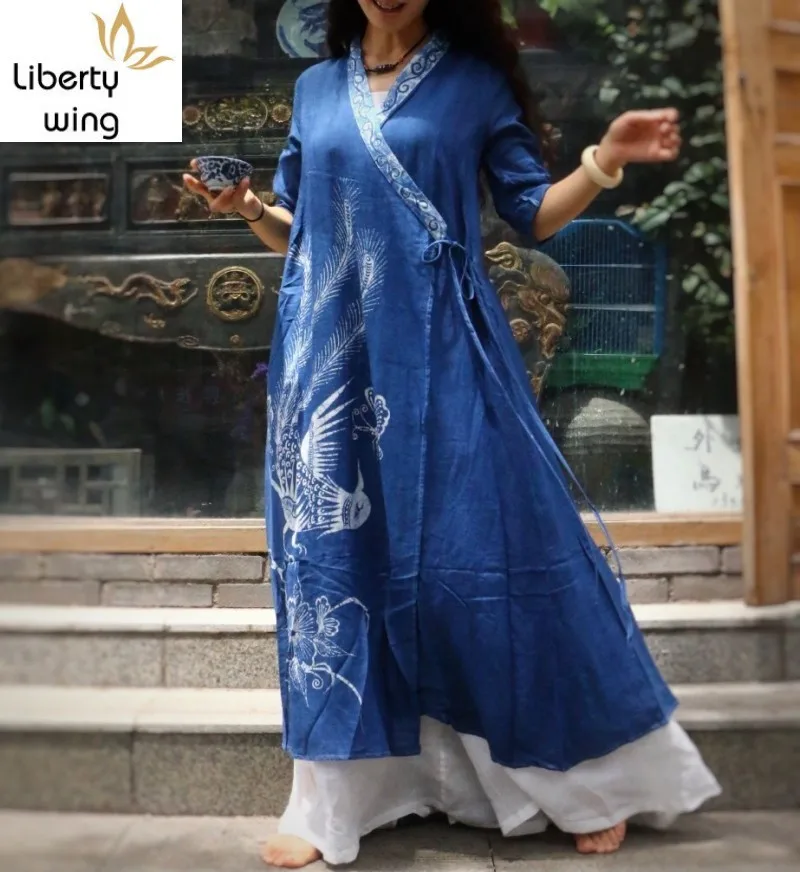 Top Quality 100% Linen Women Long Trench Outwear Coat Vintage Handmade Plant Dyeing Robe A Line Lace Up Gown Sobretudo Free Size