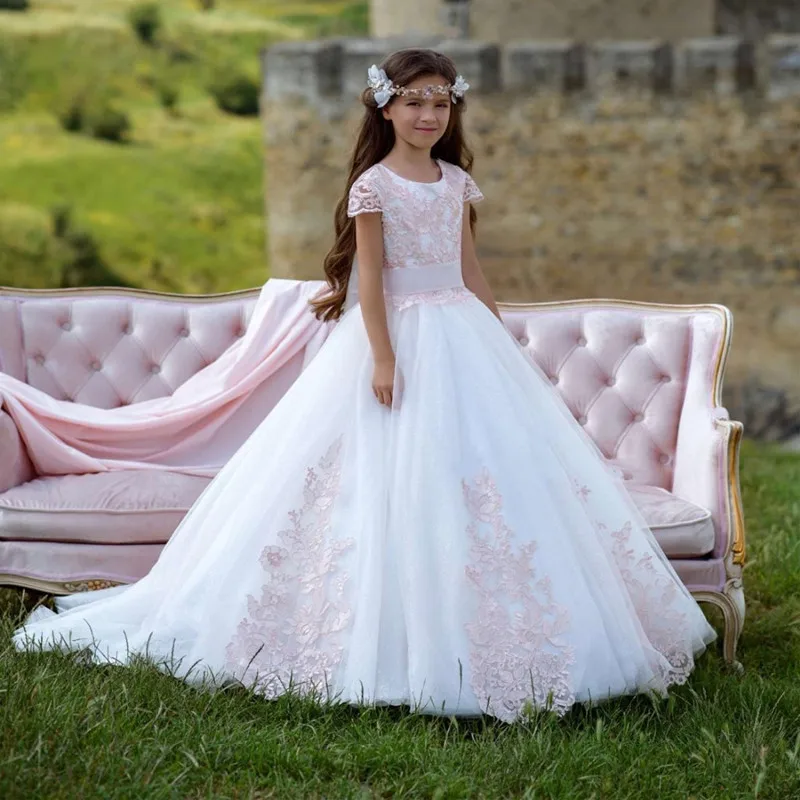 Robes de Communion à manches courtes pour enfants, avec Appliques en dentelle rose mignonnes, robes de concours, robes de filles à fleurs