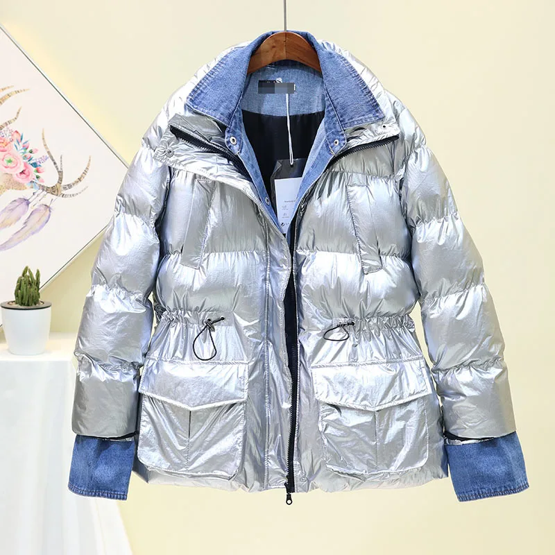 2024 New Winter Women Jacket Korean Loose Glossy Denim Stitching Down Cotton Coat Girl Fashion Waist Thickened Bread ServiceTide