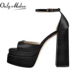 Onlymaker Women Ankle Buckle Sandals Satin Round Toe Platform Chunky High Heels Fashion Party Concise Shoes