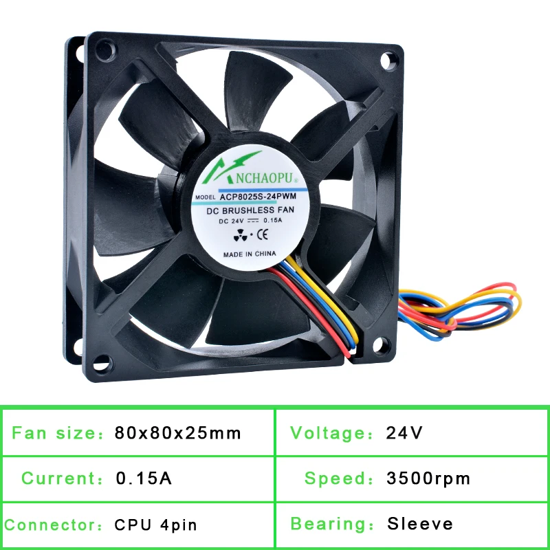 ACP8025S-24PWM 8cm 80mm fan 80x80x25mm DC24V 0.15A 4 wires 4pin pwm speed control cooling fan for inverter server chassis