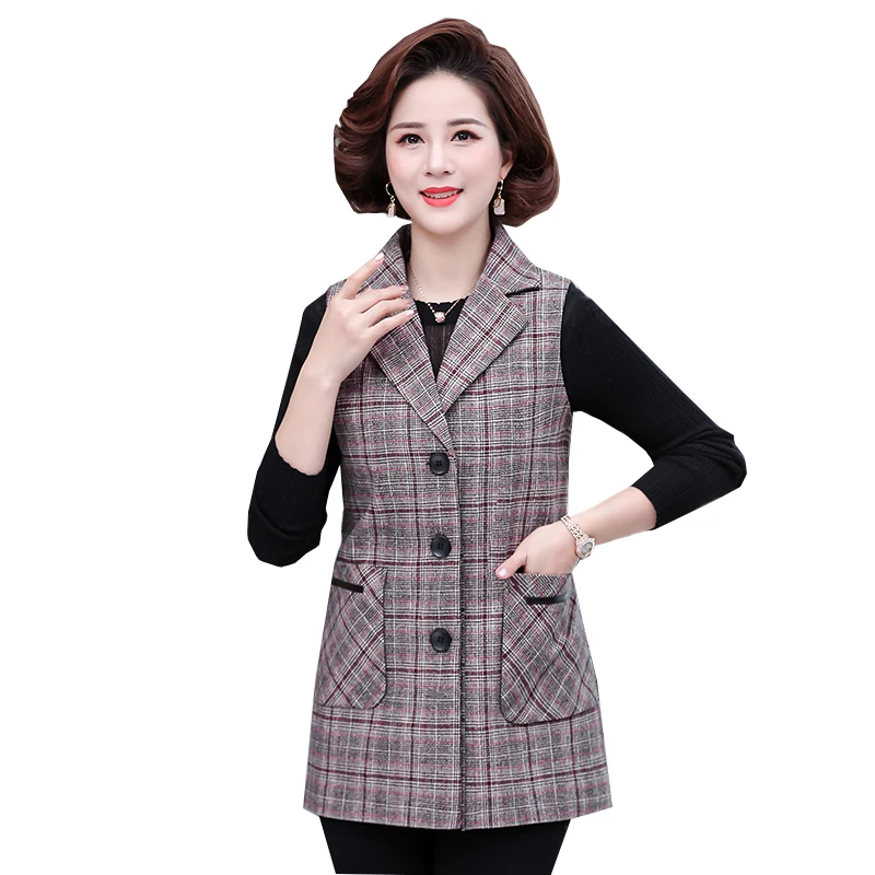 Middle-Aged Spring Autumn Clothes Women's Waistcoat Wearing Plaid Slim Fashion Female Vest Sleeveless 2021New suit Vest Oversize