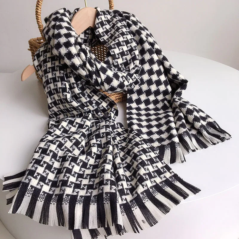 2021 Black White Cherkered Cashmere Imitation Scarf Shawl For Women