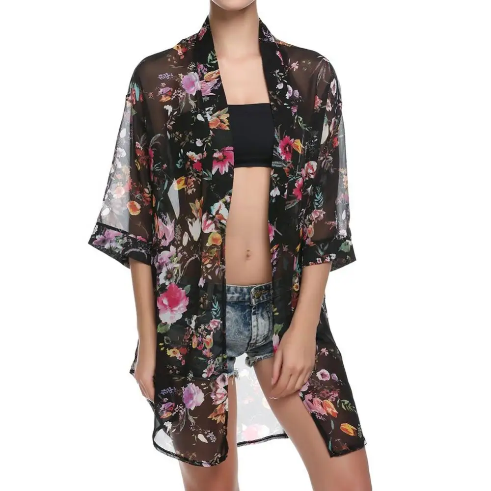 Women Floral Leopard Print Half Sleeve Shawl Chiffon Kimono Beach Cardigan Bikini Cover Up Wrap Beachwear Outdoor Anti-UV Coat