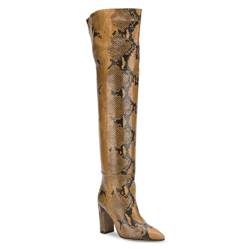 Snake Print Thigh Boots For Women 2019 Chunky Heel Over Knee Boots Pointed Toe Slip On Long Boot Ladies Winter Shoes Big Size