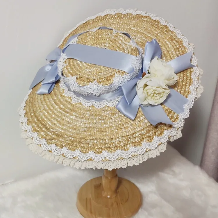 Vintage French Victorian Sweet Elegant Lolita straw Flat Top Hat Sweet Female Straw hat Rose Bow Bandge Sunhat