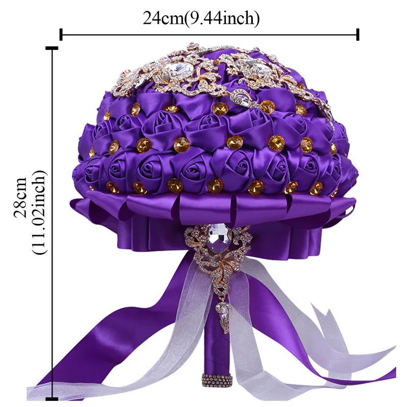 JaneVini 2021 Luxury Crystal Rhinestone Wedding Bouquets Bridal Flowers Fake Bouquet Artificial Satin Purple Roses Fleur Mariage