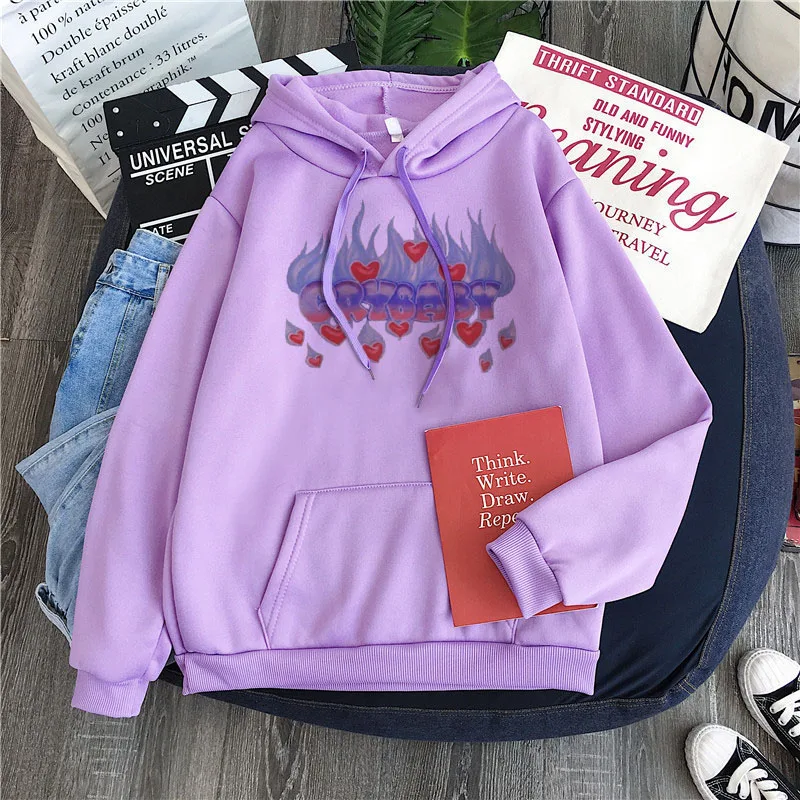 Woman Streetwear Black Casual Loose Hip Hop Pullover Hoodies Fashion Sweatshirts Autumn Cute Love flame Print Hoodie