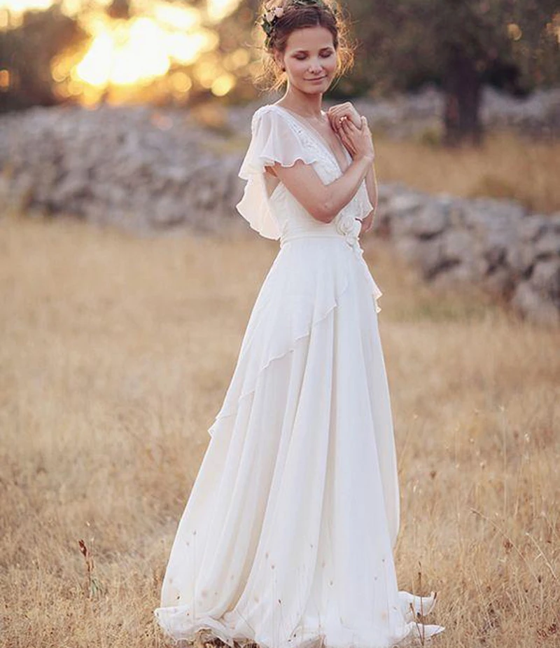 Bohemian V-ausschnitt Brautkleider EINE Linie Strand Hochzeit Kleider Boho Braut Weiß Spitze kleid 2021 Backless für frauen vestidos