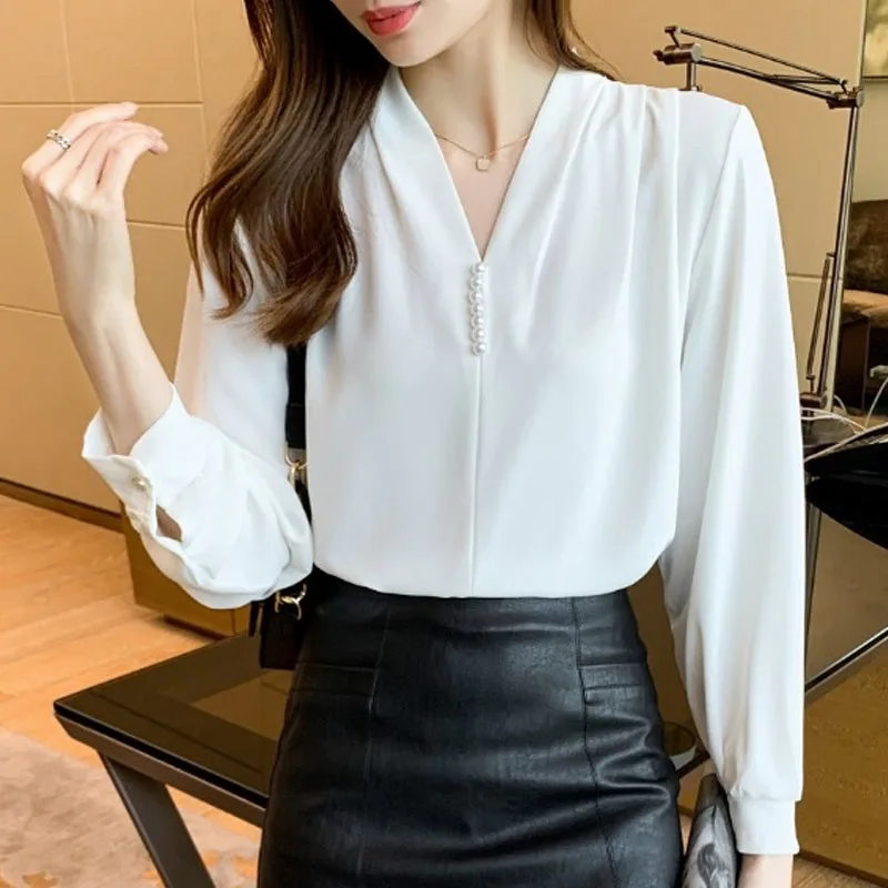 Shirt Female Tops Autumn White Long Sleeve French Style V-neck Blouses Women Blusas Mujer Button Solid Dropshipping Clothes 1476