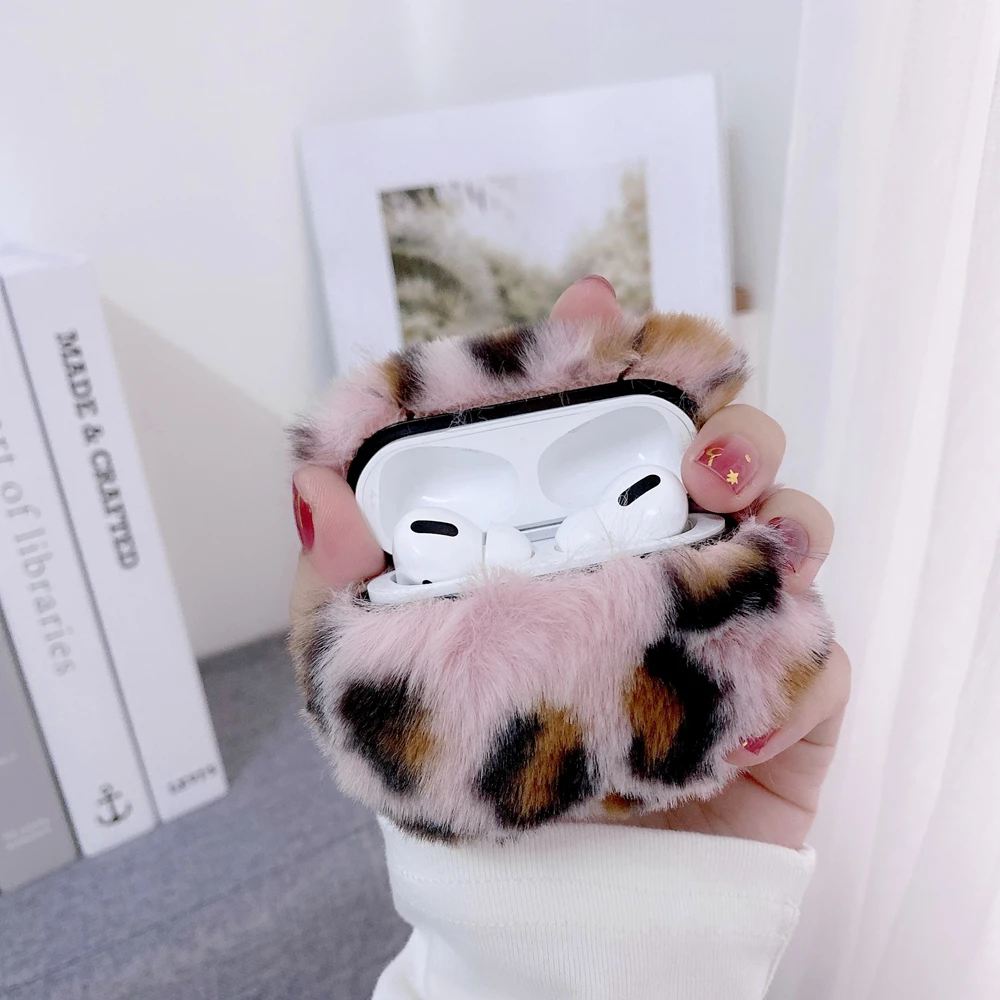 Soft Leopard Fur Case for Apple AirPods 1 2 Wireless Charging Fluffy Box with Carabiner Plush Cover for Airpods Pro 3 Case Capa